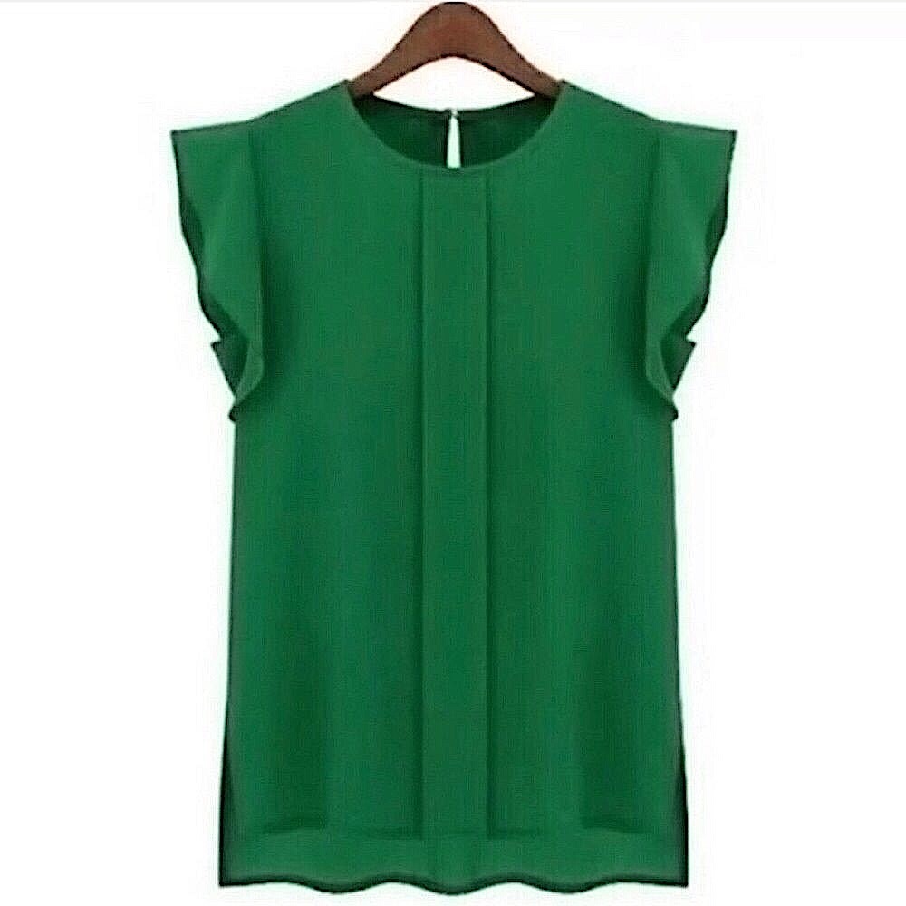 Green Chiffon Flutter Sleeve Cap Sleeve Blouse L or XL